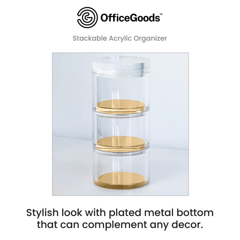 OfficeGoods 3-Tier Stackable Acrylic Holder- Stylish Desk Organizer and Storage for Office or Home - Transparent Round Design with Gold Metal Base - Image 2